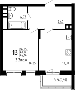 1-комнатная, 42.14м²