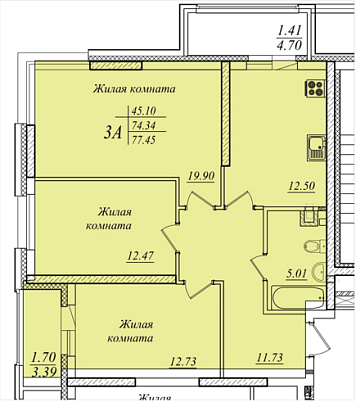 3-комнатная,77.45 м² в ЖК Мечта