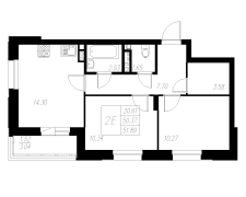 2-комнатная, 51.89м²