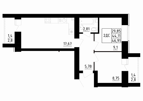 2-комнатная,46.91 м² в ЖК Радужный-2