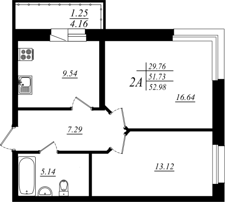 2-комнатная,52.64 м² в ЖК Мечта