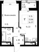 1-комнатная, 34.97м²