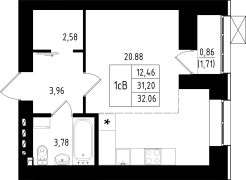 1-комнатная, 32.06м²