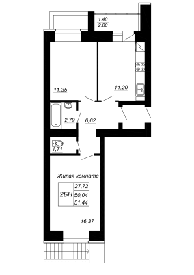 2-комнатная,51.44 м² в ЖК Радужный-2