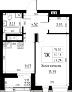 1-комнатная, 37.24м²