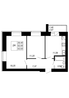 2-комнатная,53.53 м² в ЖК Радужный-2