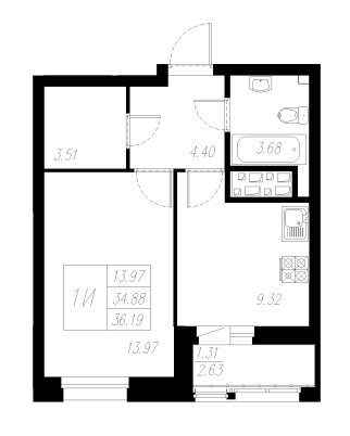 1-комнатная,36.19 м² в ЖК Статный