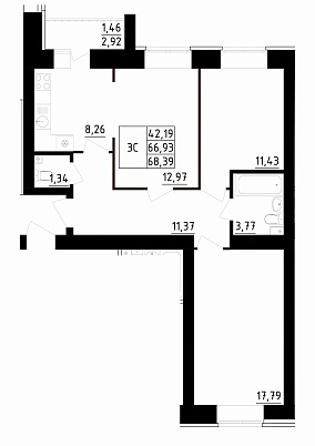 3-комнатная,68.39 м² в ЖК Радужный-2