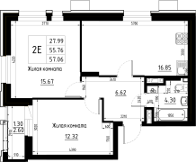 2-комнатная, 57.06м²