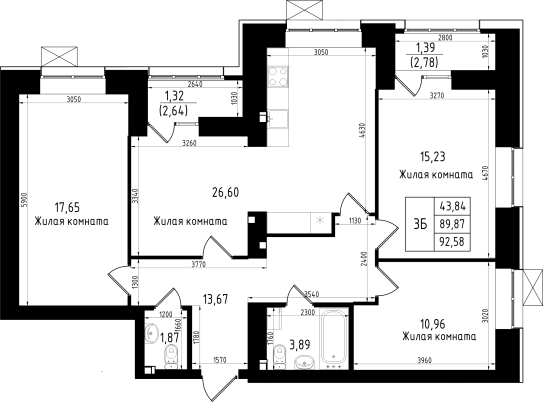 3-комнатная,92.58 м² в ЖК Династия