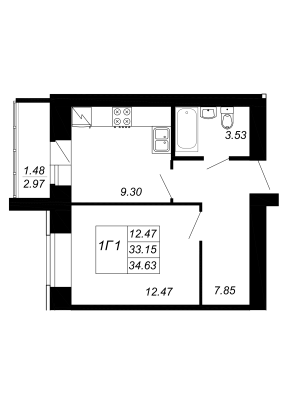 1-комнатная,34.63 м² в ЖК Радужный-2