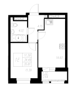 1-комнатная, 35.81м²