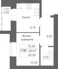 1-комнатная, 30.08м²