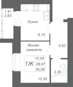 1-комнатная, 30.08м²