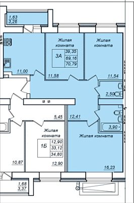3-комнатная,70.79 м² в ЖК Радужный-2