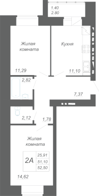 2-комнатная,52.5 м² в ЖК Радужный-2