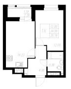 1-комнатная, 35.78м²