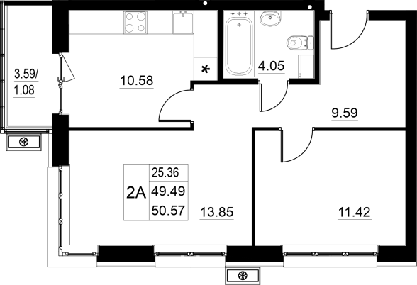 2-комнатная,50.57 м² в ЖК Династия