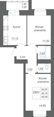 2-комнатная,49.58 м² в ЖК Радужный-2
