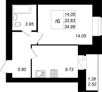 1-комнатная, 34.89м²