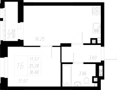 1-комнатная, 36.66м²