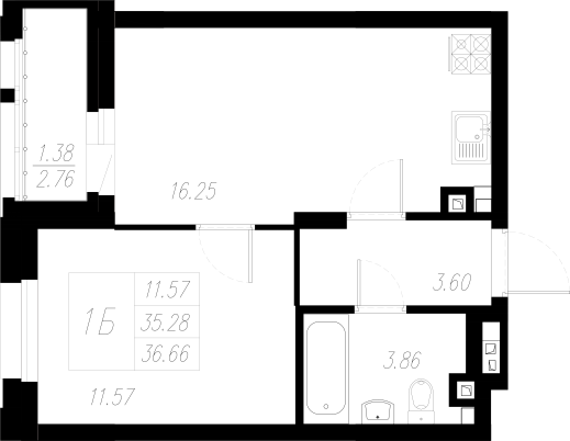 1-комнатная,36.66 м² в ЖК Статный