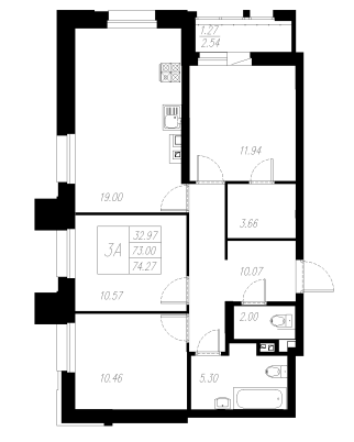 3-комнатная,74.27 м² в ЖК Статный