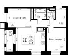 2-комнатная, 54.76м²
