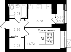 1-комнатная, 31.79м²