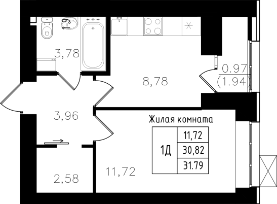 1-комнатная,31.79 м² в ЖК Династия