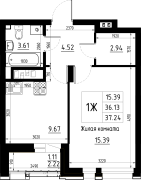 1-комнатная, 37.24м²