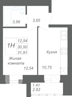 1-комнатная,31.91 м² в ЖК Радужный-2