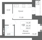 1-комнатная, 36.61м²