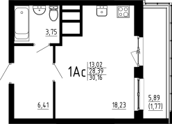 1-комнатная, 30.16м²