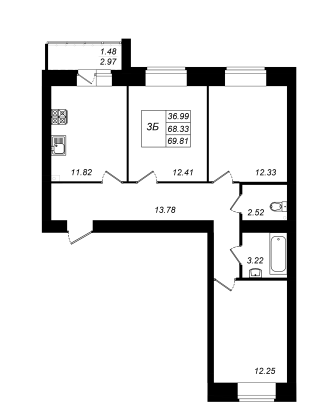 3-комнатная,69.81 м² в ЖК Радужный-2