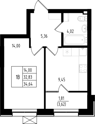 1-комнатная,34.64 м² в ЖК Династия