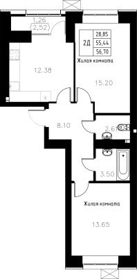 2-комнатная,56.7 м² в ЖК Династия