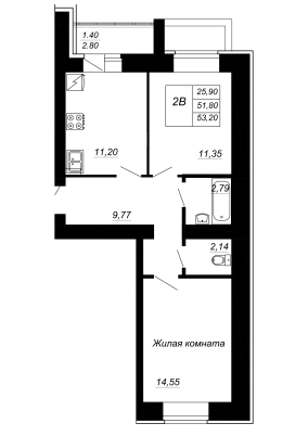 2-комнатная,53.2 м² в ЖК Радужный-2