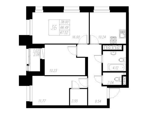 3-комнатная,67.52 м² в ЖК Статный